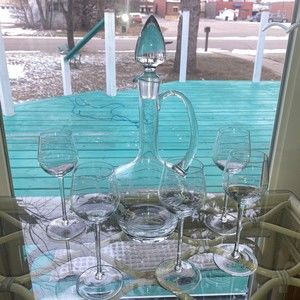 Vintage Toscany Virna Cordial Glass Set w/ Decanter Hand Blown Etched Romania